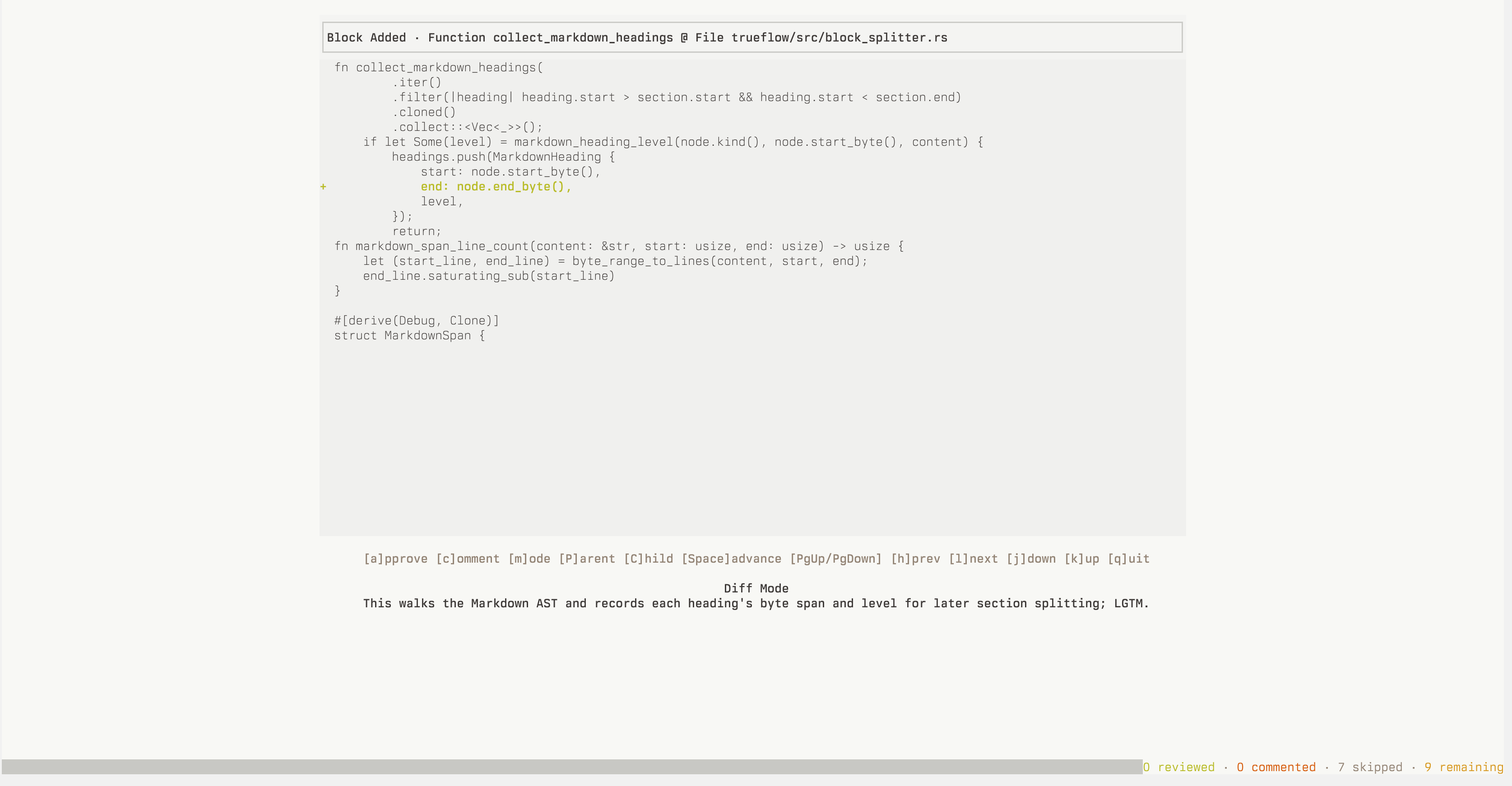 Trueflow TUI showing semantic code review blocks and a focused diff workflow
